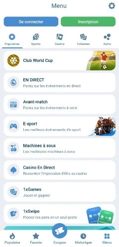 menu dans 1XBet app pour Android